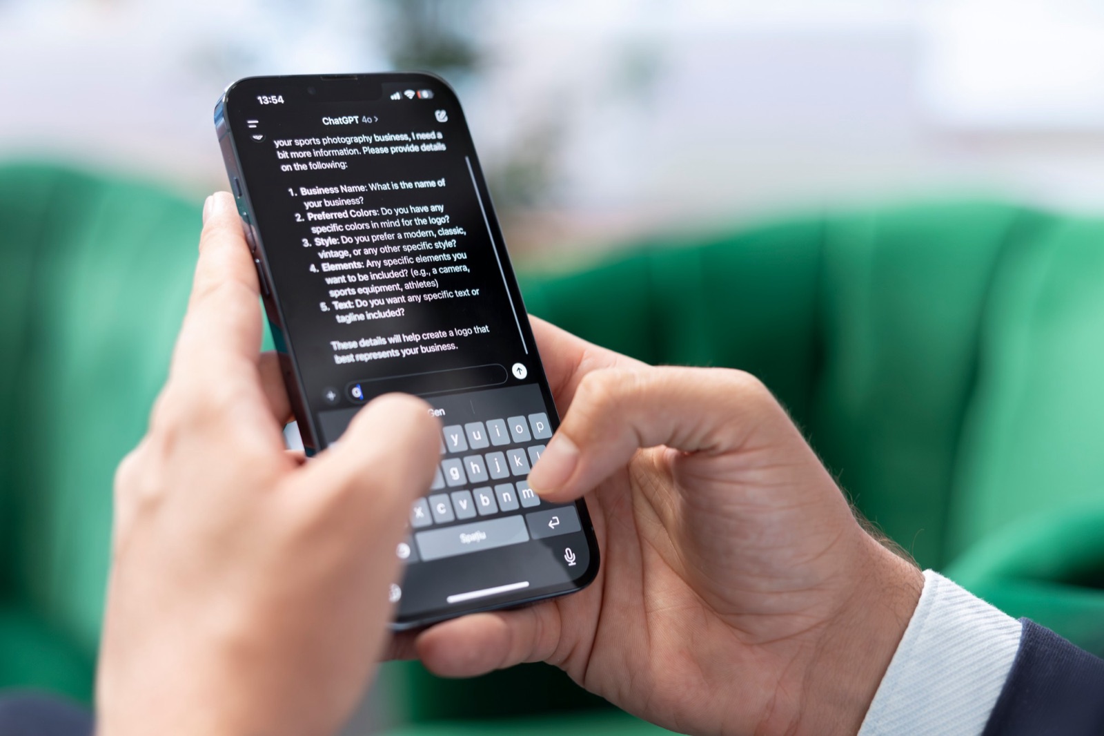 A person typing a question into an AI chat assistant on a smartphone