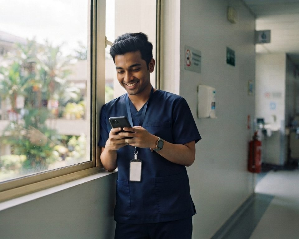 Nurse checking their phone at the ward station